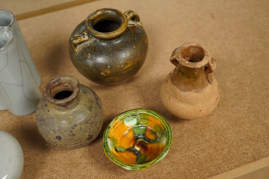 A quantity of Chinese jarlets, small vases and dishes to include one in the form of a hedgehog, largest 15cm in length. Condition - mostly good